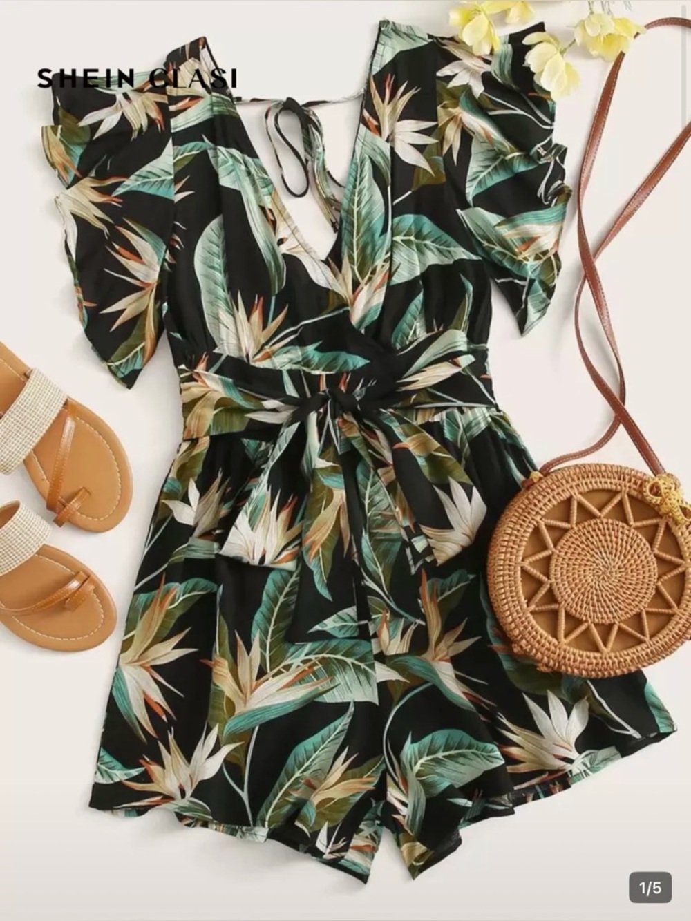 SHEIN Tropical Black Leaf Print Tie-Waist Romper - SIZE 0XL